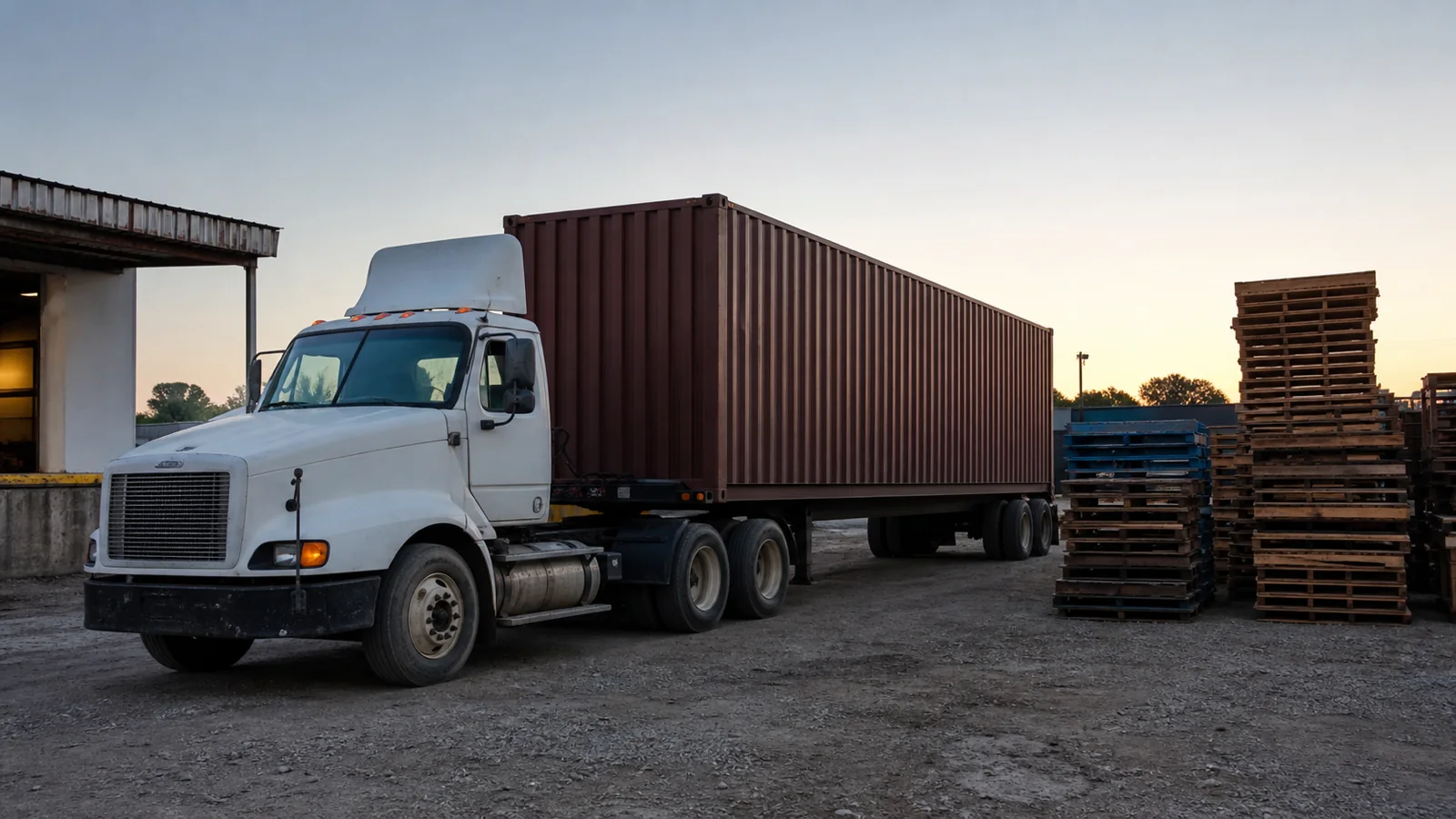 Drayage truck carrying an ocean container waiting in a gravel yard at dawn beside stacked wooden pallets and a warehouse load