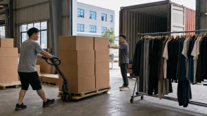 A Chinese export warehouse at the loading dock, workers moving flat-packed apparel cartons on a pallet jack beside a rail of