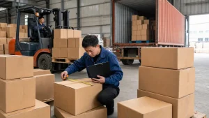 Warehouse worker with a tape measure and clipboard tallying stacked export cartons of visibly different sizes from several su