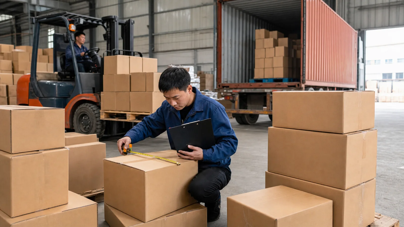 Warehouse worker with a tape measure and clipboard tallying stacked export cartons of visibly different sizes from several su