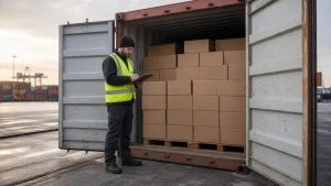 Shipping container standing open on a port examination dock in early morning light while a worker in a high-visibility vest c