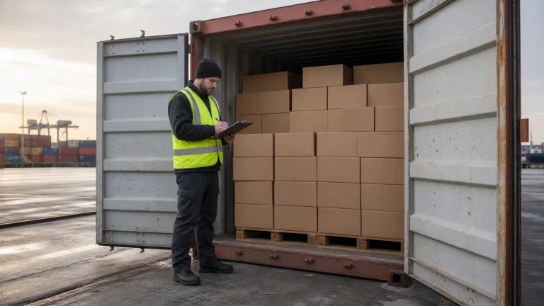 Shipping container standing open on a port examination dock in early morning light while a worker in a high-visibility vest c