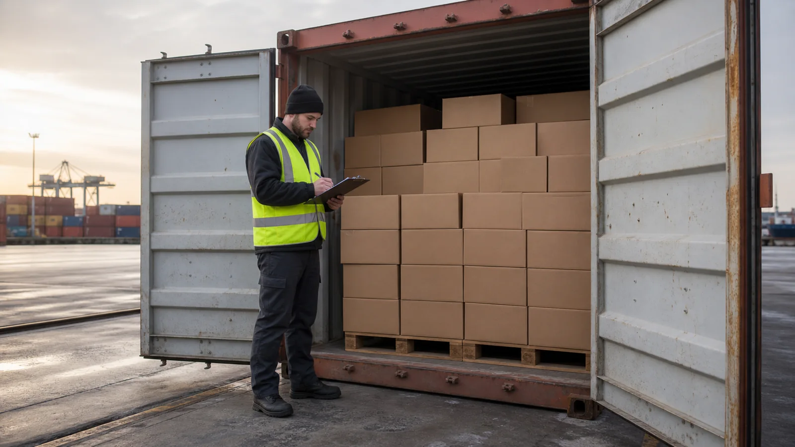 Shipping container standing open on a port examination dock in early morning light while a worker in a high-visibility vest c