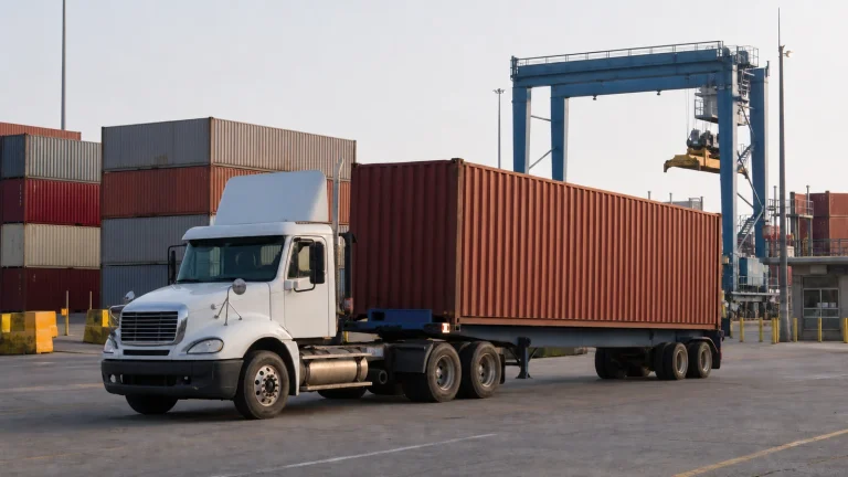 A US container terminal gate: a drayage truck idling with a loaded forty-foot container on a chassis, stacked containers and