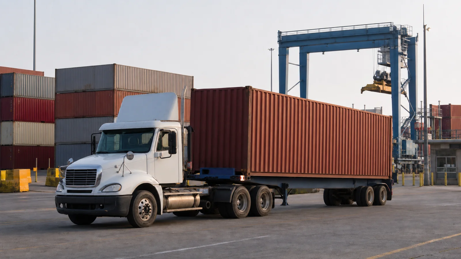A US container terminal gate: a drayage truck idling with a loaded forty-foot container on a chassis, stacked containers and