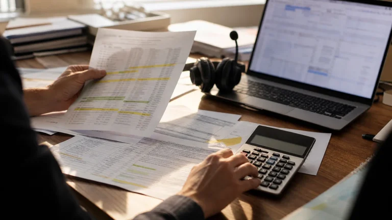 Freight forwarder's operations desk in late-afternoon light, with a printed multi-page rate sheet spread out and part-highlig