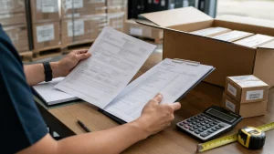 Commercial invoice being reconciled against cartons and packing records