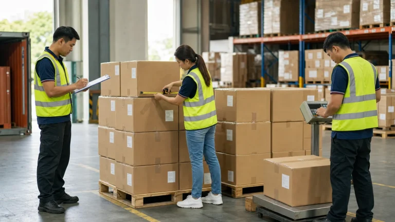 Numbered export cartons being checked against a package-level packing list