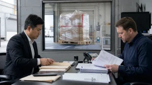 Importer of record reviewing customs entry ownership with broker and cargo