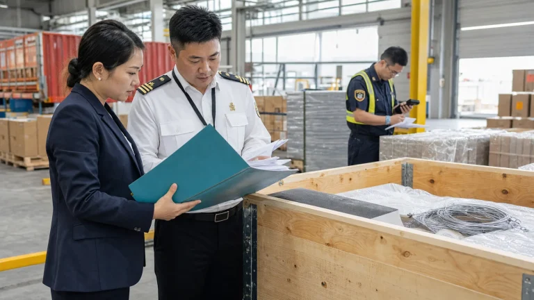 Customs broker and importer reviewing a controlled entry file beside inspected cargo