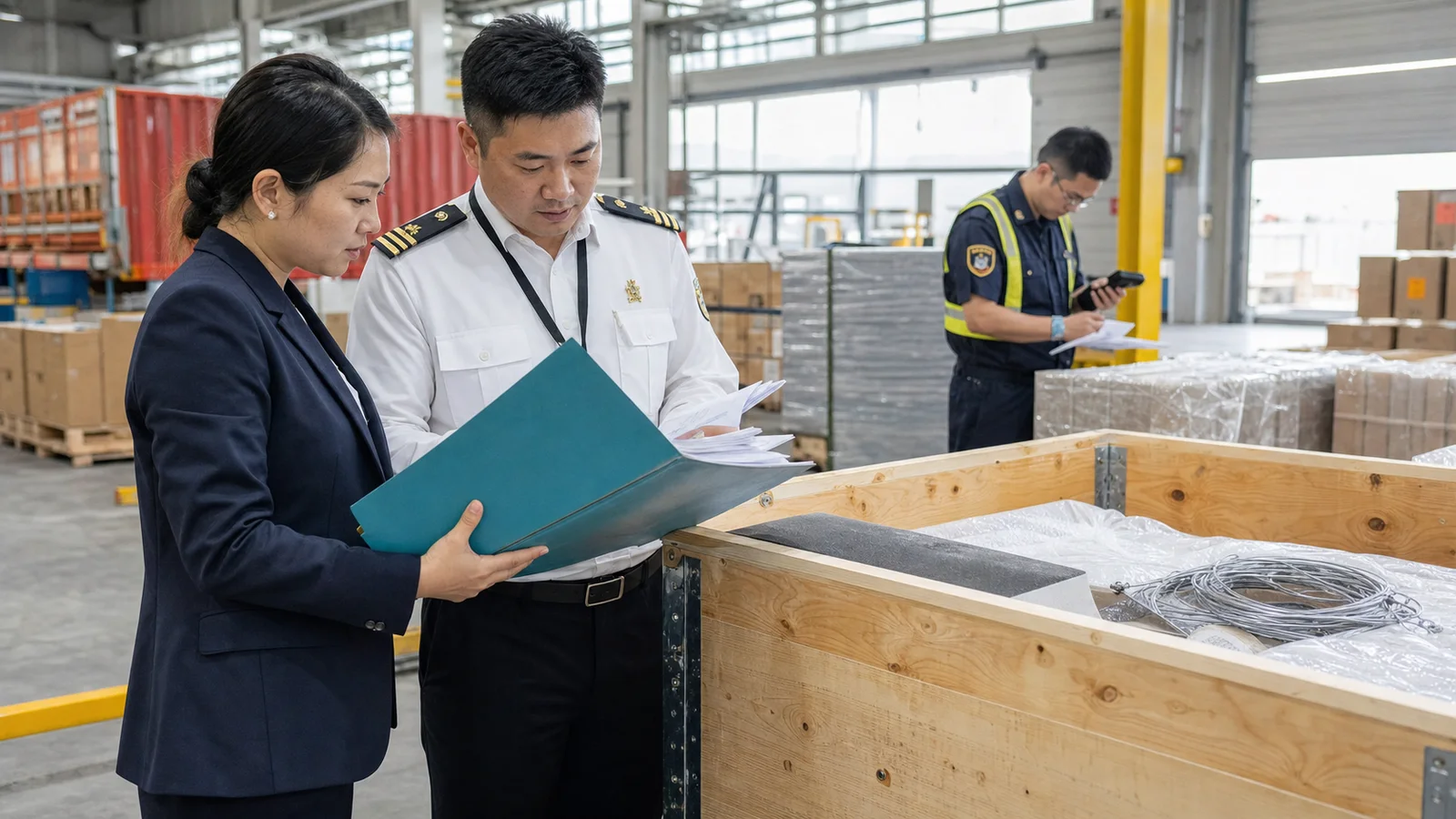 Customs broker and importer reviewing a controlled entry file beside inspected cargo