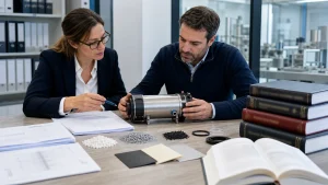 Customs classification team comparing a physical product with technical evidence and legal tariff references