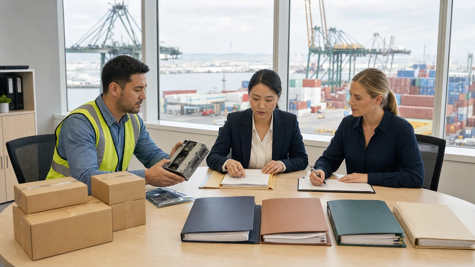 United States importer, customs specialist and freight planner reconciling a China shipment product and release file