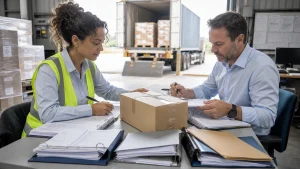 Finance and logistics specialists reconciling purchase, customs, freight and delivery records around one shipment