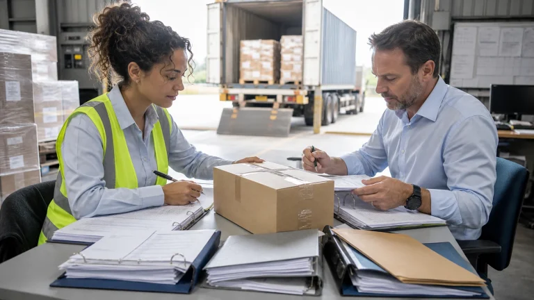 Finance and logistics specialists reconciling purchase, customs, freight and delivery records around one shipment