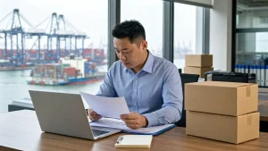 Freight forwarding specialist reviewing a tariff classification document at a China export office desk
