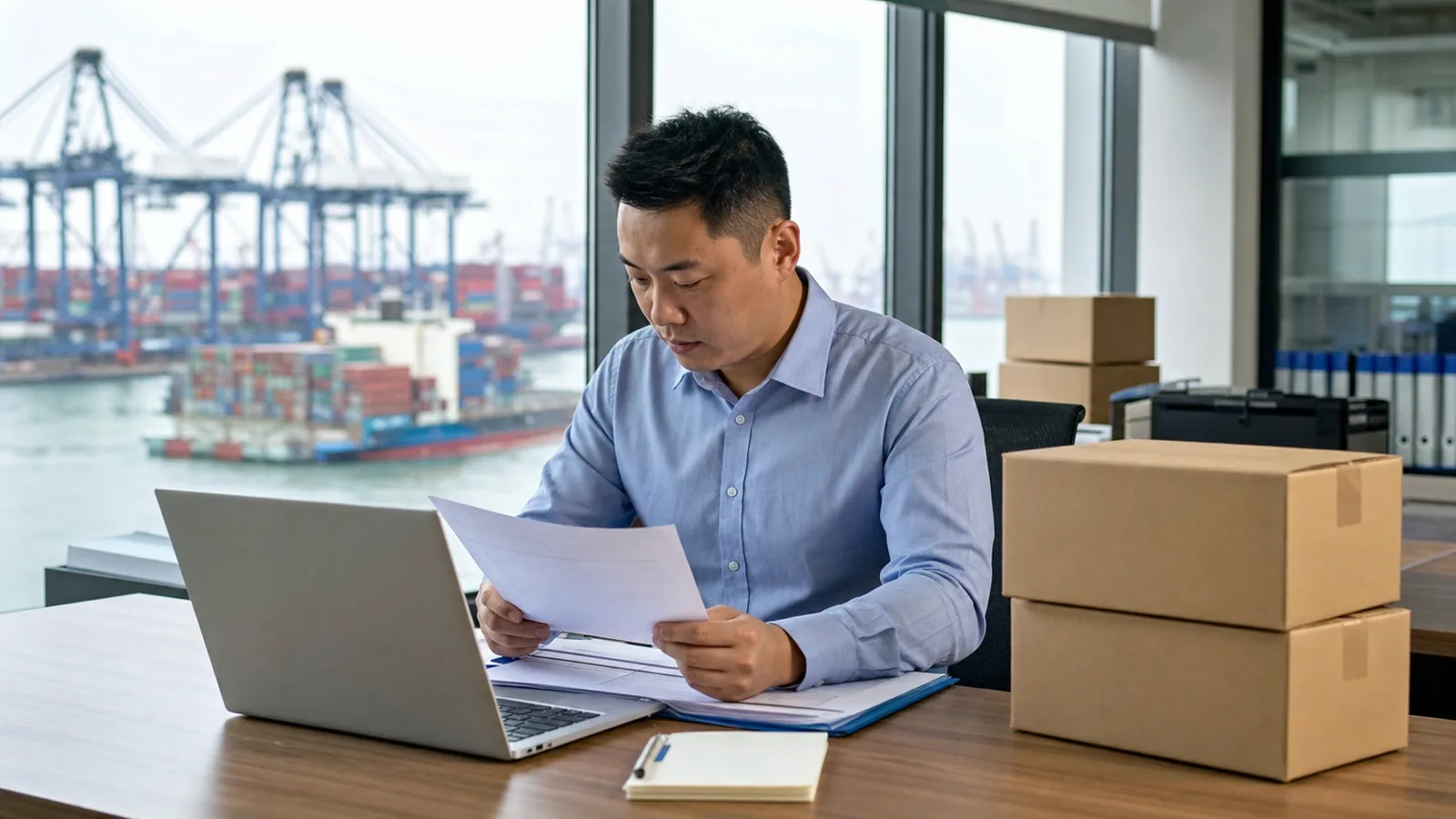 Freight forwarding specialist reviewing a tariff classification document at a China export office desk