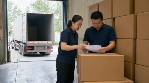 Two people in a Chinese factory loading bay checking a packing list against stacked export cartons while a truck reverses tow