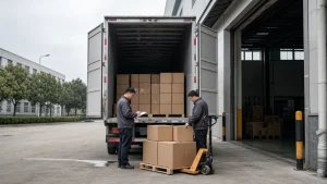 China freight forwarder checking an EXW factory pickup and packed cargo