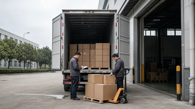 China freight forwarder checking an EXW factory pickup and packed cargo
