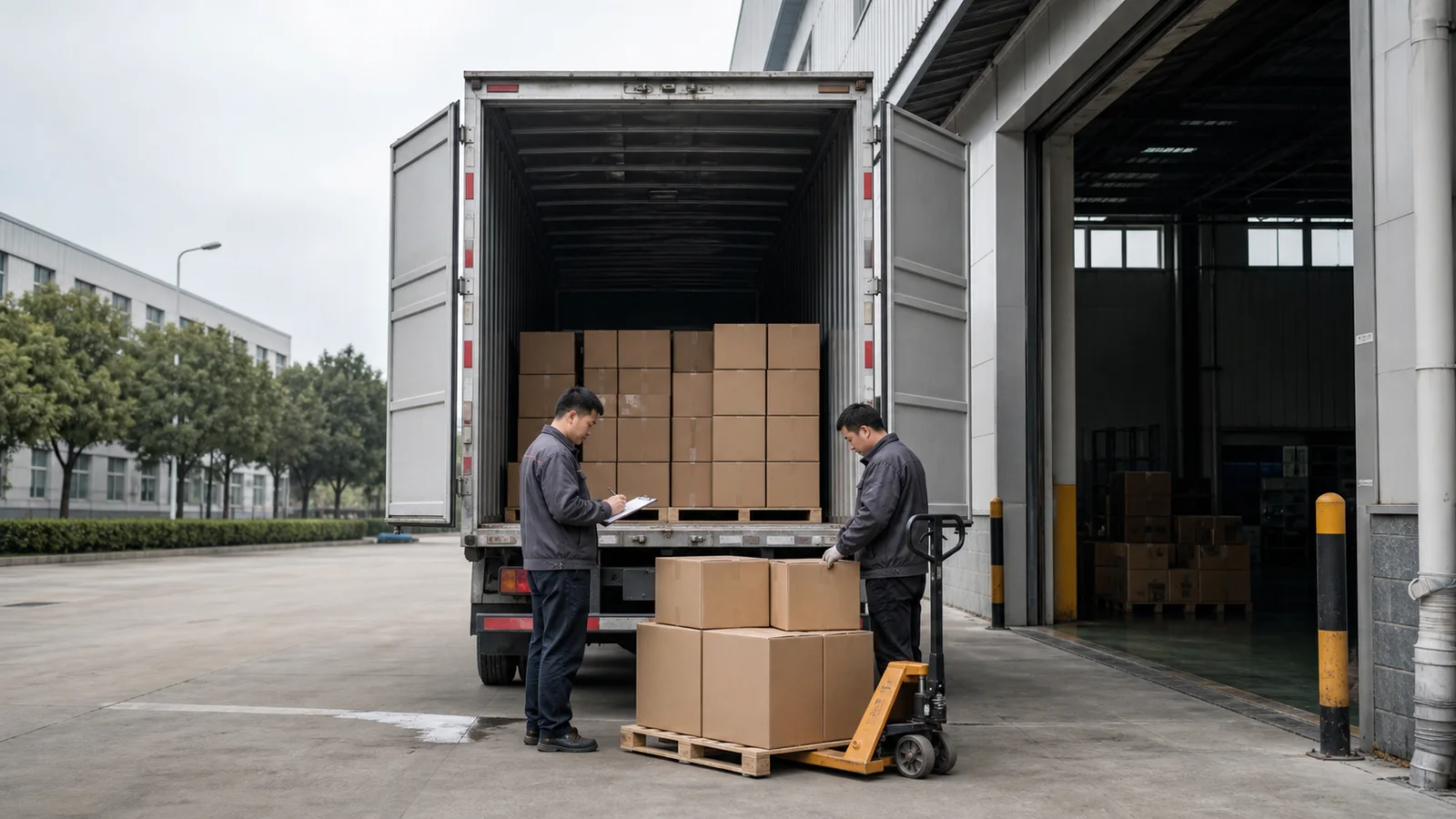 China freight forwarder checking an EXW factory pickup and packed cargo