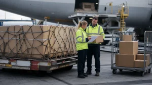 Airport cargo pallets beside express parcels during a destination handoff review