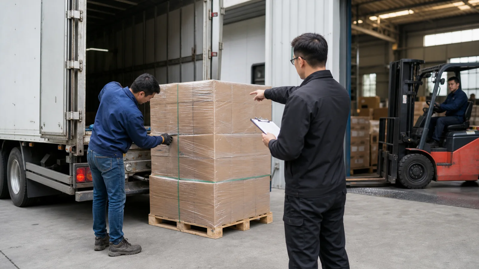 Freight forwarder and shipping agent coordinating a cargo handoff in China