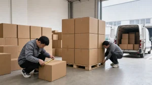 FBA cartons being measured and prepared at a China consolidation warehouse