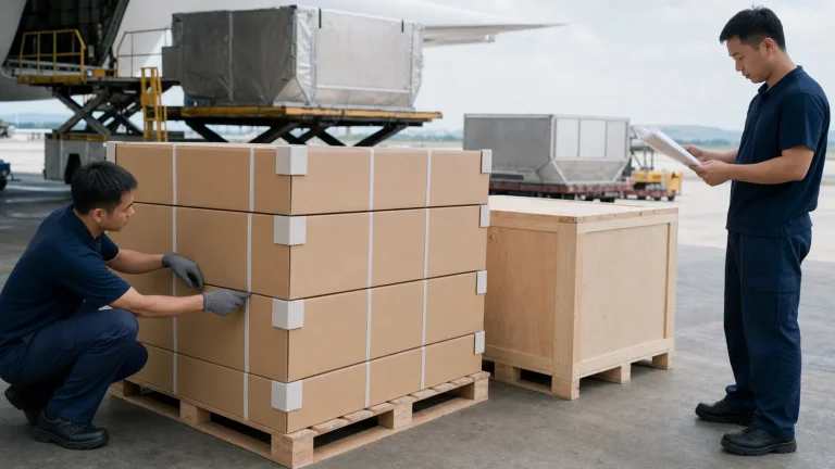 Export cartons prepared for China to UK air freight with final packing checks